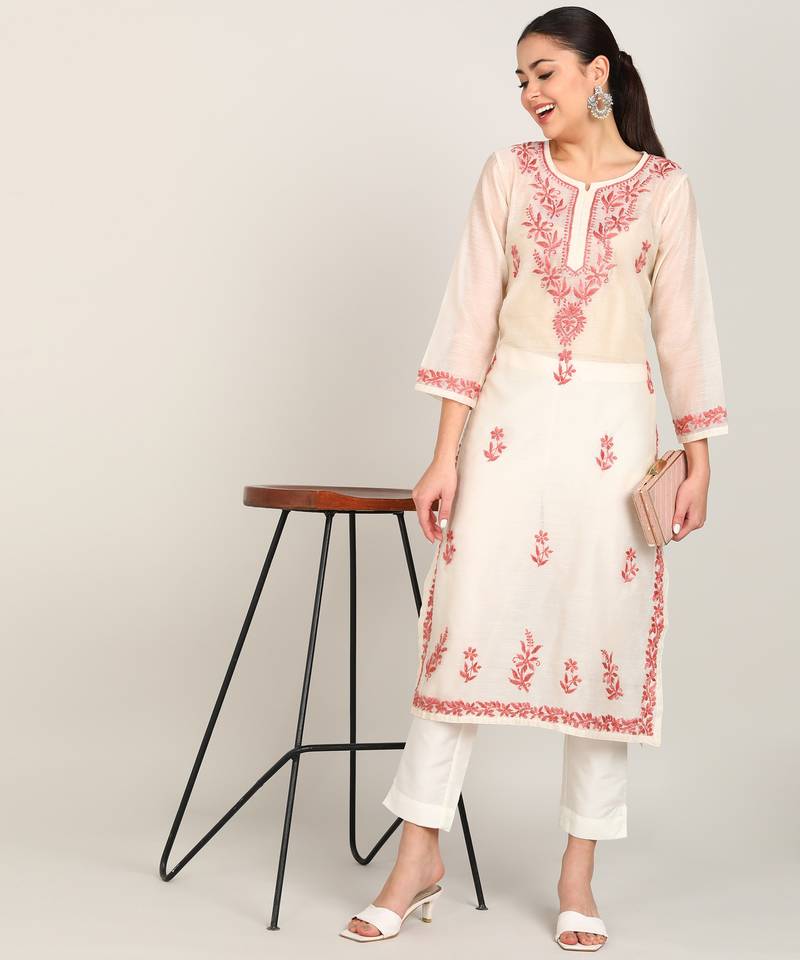 Vahson women chikan embroidery, embroidered chanderi straight kurta
