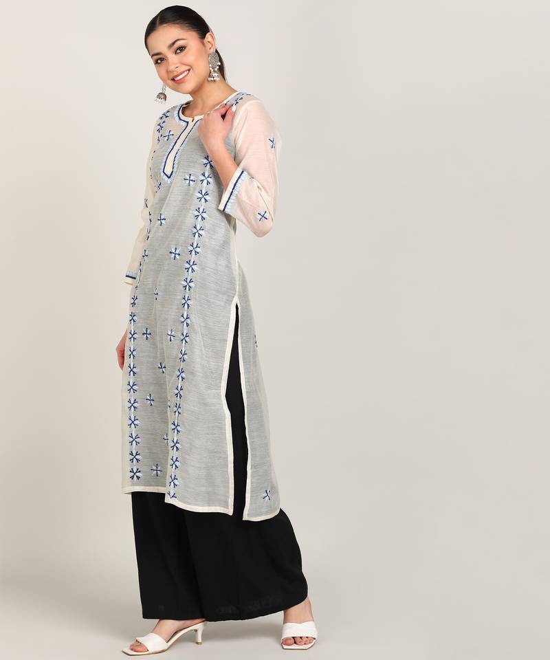 Vahson women chikan embroidery, embroidered chanderi straight kurta