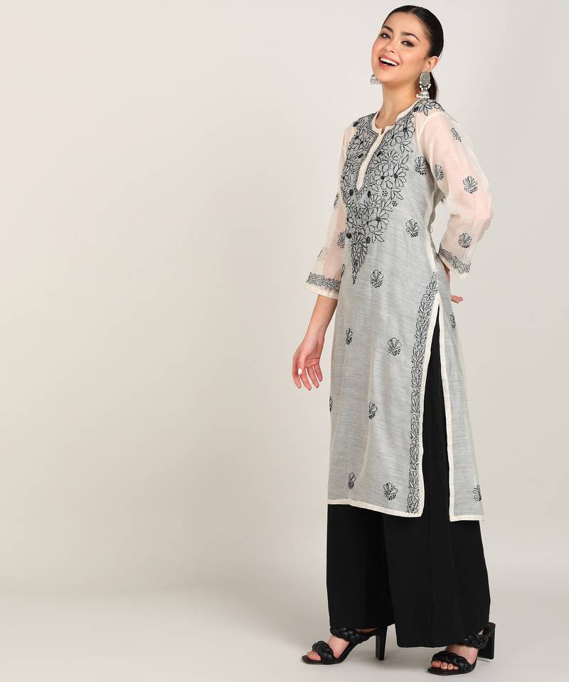 Vahson women chikan embroidery, embroidered chanderi straight kurta
