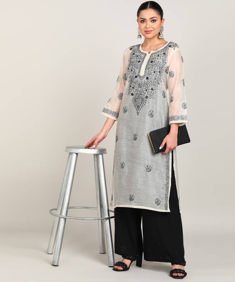 Vahson women chikan embroidery, embroidered chanderi straight kurta