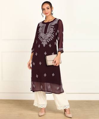 Vahson women chikan embroidery, embroidered georgette a-line kurta 1