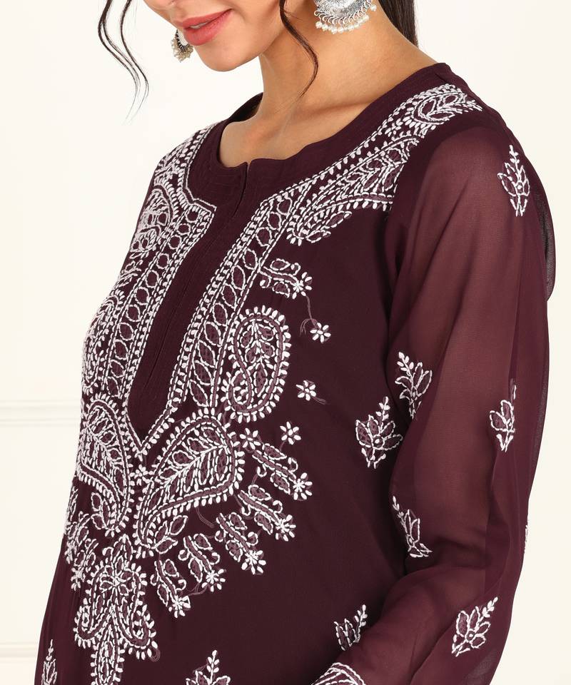 Vahson women chikan embroidery, embroidered georgette a-line kurta