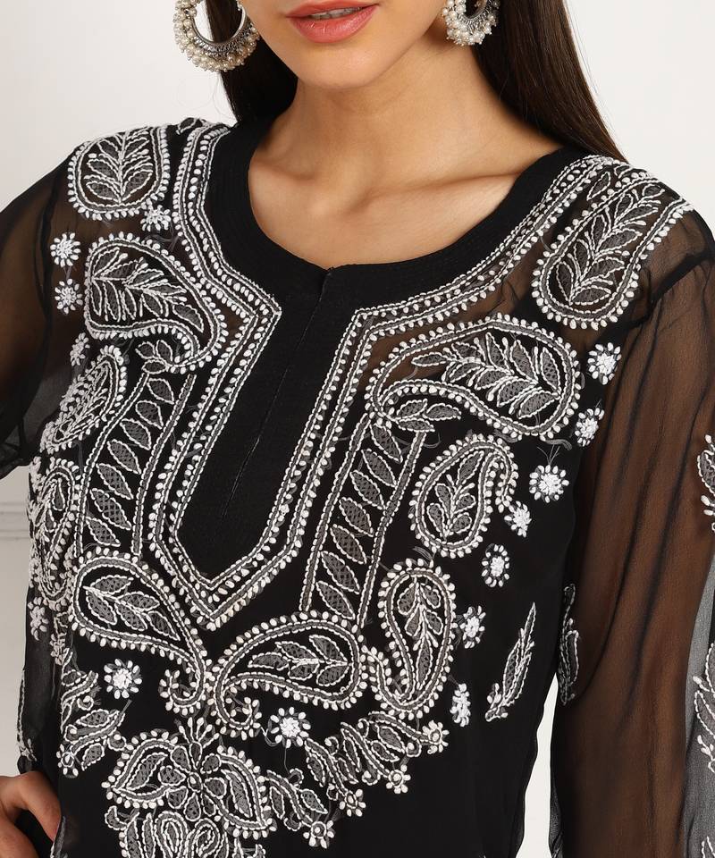 Vahson women chikan embroidery, embroidered georgette a-line kurta