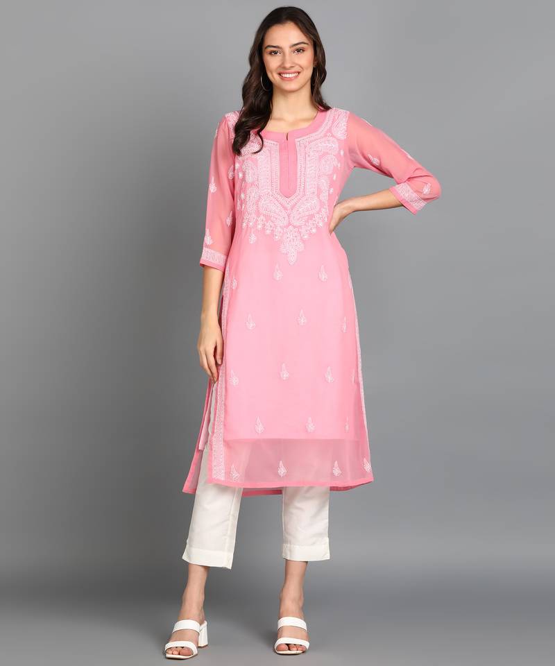 Vahson women chikan embroidery, embroidered georgette a-line kurta