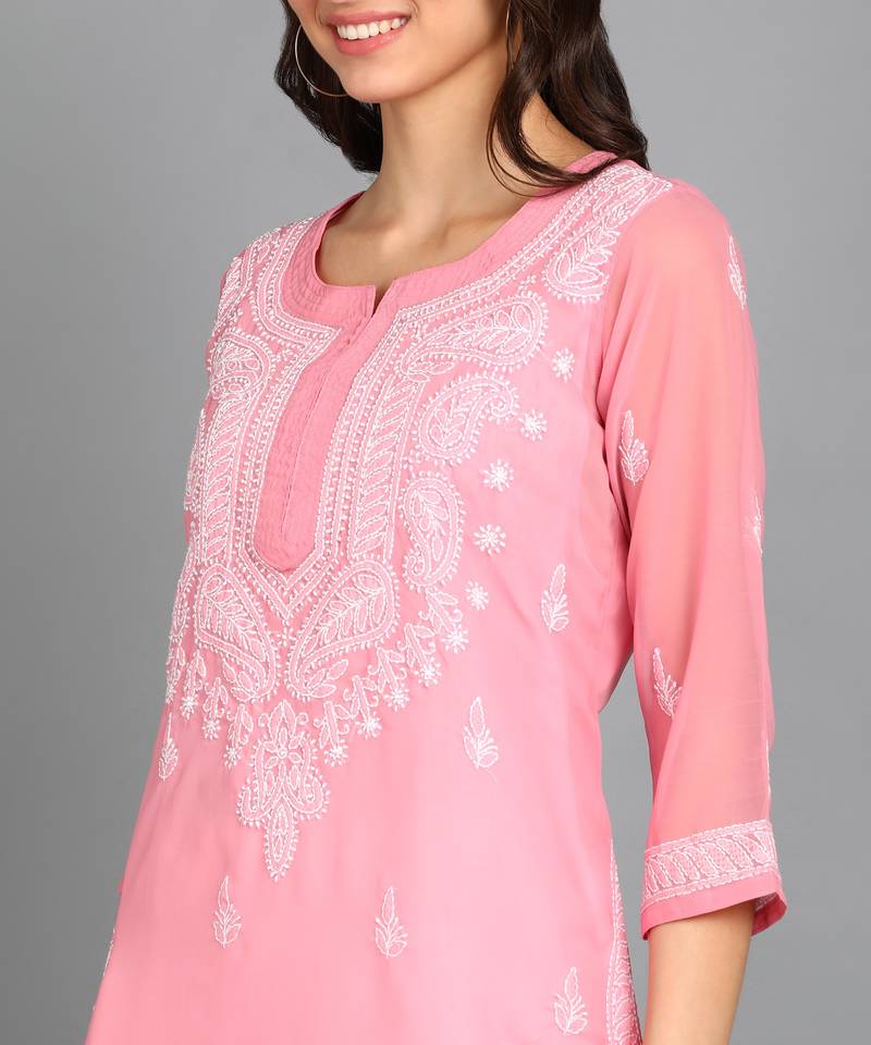 Vahson women chikan embroidery, embroidered georgette a-line kurta