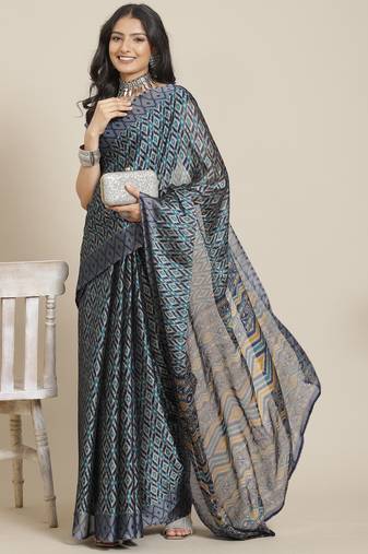 Beige Chiffon All Over Ikkat Print Saree With Unstitched Blouse Piece