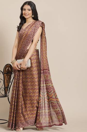 Beige chiffon all over ikkat print saree with unstitched blouse piece