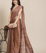 Beige chiffon all over ikkat print saree with unstitched blouse piece