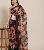 Black poly geogette floral saree with unstitched blouse piece