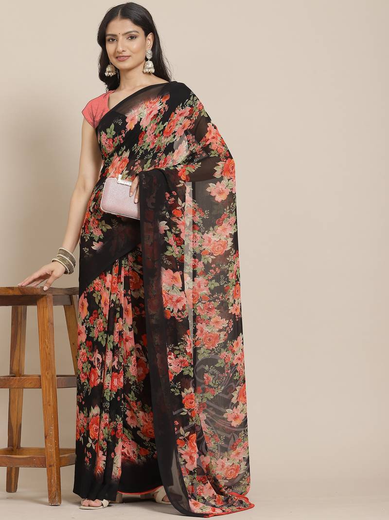 Black poly geogette floral saree with unstitched blouse piece