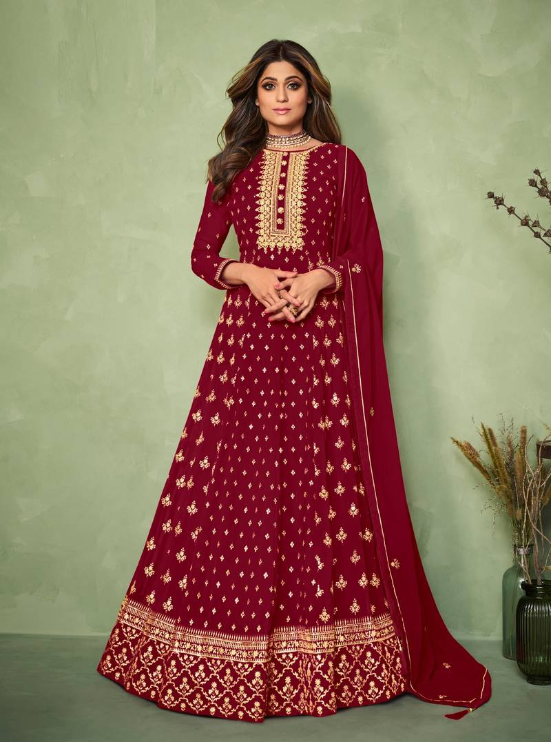 Maroon embroidered georgette salwar suit unstitched