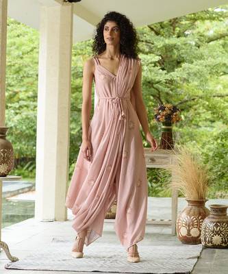 Coral Palazzo Jumpsuit with a Coral Detachable Dupatta 1