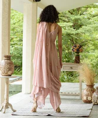 Coral Palazzo Jumpsuit with a Coral Detachable Dupatta 2