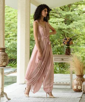 Coral Palazzo Jumpsuit with a Coral Detachable Dupatta 4