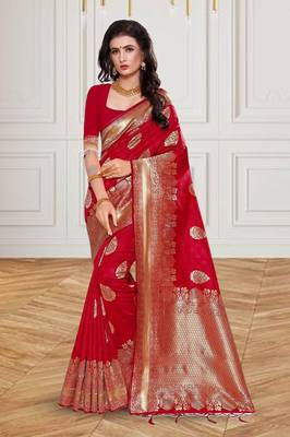 Red woven silk saree with blouse 1