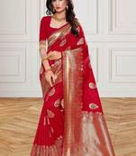 Red woven silk saree with blouse
