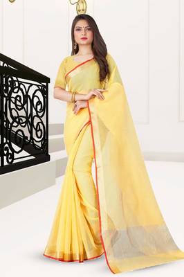 Yellow woven cotton saree with blouse 1