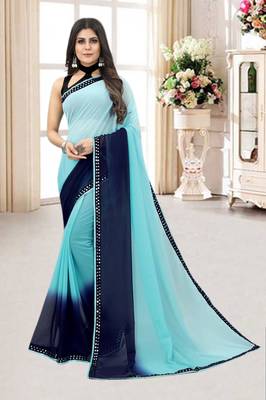 Blue Printed Georgette Saree With Blouse 1