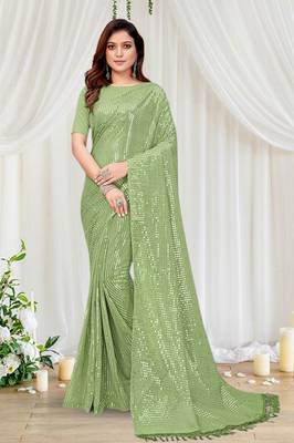 Fluorescent Green Coloured Sequined Embroidered Georgette Saree with Blouse Piece 6
