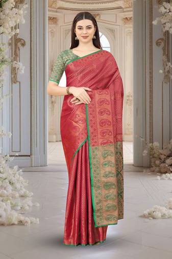 Maroon woven Banarasi silk blend saree with blouse