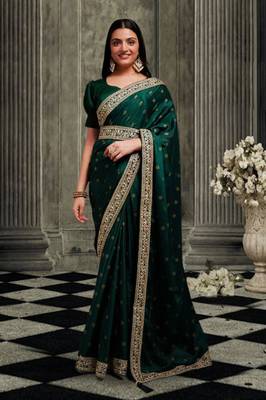 Green Colour Chinnon Designer  Saree With Foil Print With Un-Stitched Blouse 1