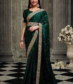 Green Colour Chinnon Designer  Saree With Foil Print With Un-Stitched Blouse