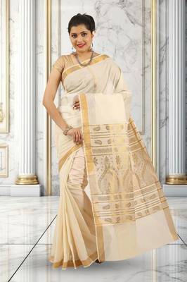 White and Gold Cotton Plain Kerala Saree with Blouse 1