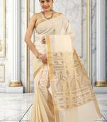 White and Gold Cotton Plain Kerala Saree with Blouse