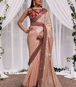 Peach Color Onion Color Bandhani Print Chinon Fabric Saree with Embroidery Sequins Lace Border work With Waist Belt