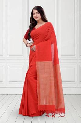 Women`S Khadi Cotton Red Handloom RupSagar Design Saree 1