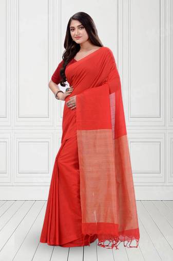 Women`S Khadi Cotton Red Handloom RupSagar Design Saree