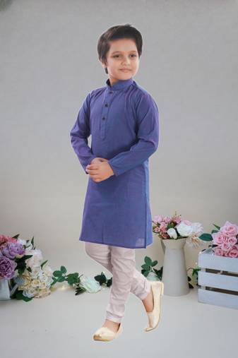 Blue Cotton Plain kurta full sleeve with pajama for boy's