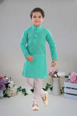 Sea Green Cotton Plain kurta full sleeve wirth pajama for boy's 1