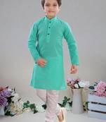 Sea Green Cotton Plain kurta full sleeve wirth pajama for boy's
