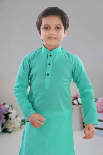 Sea Green Cotton Plain kurta full sleeve wirth pajama for boy's