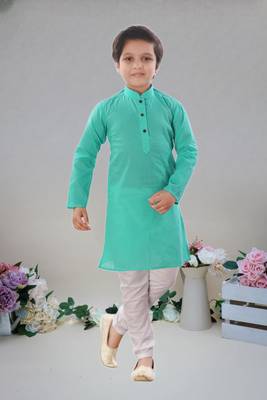 Sea Green Cotton Plain kurta full sleeve wirth pajama for boy's 3