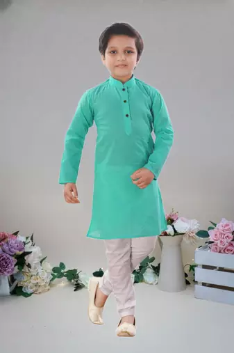 Sea Green Cotton Plain kurta full sleeve wirth pajama for boy's