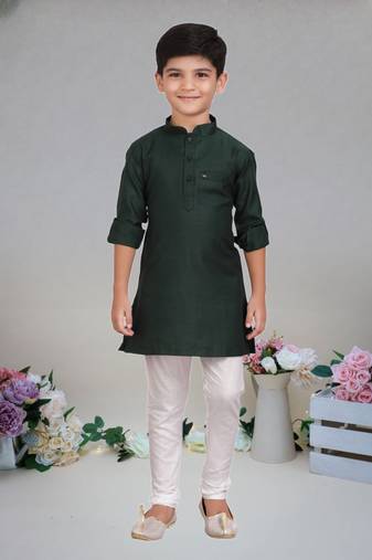 Green Cotton plain kurta with pajama for boy's