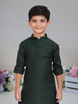 Green Cotton plain kurta with pajama for boy's 2