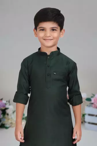 Green Cotton plain kurta with pajama for boy's