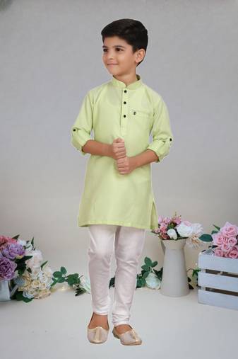 Pista Green Cotton plain kurta pajama for boy's