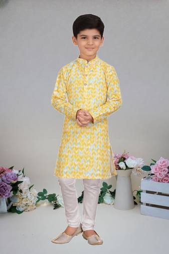 Yellow Cotton embroidered kurta pajama for boy's