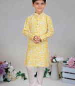 Yellow Cotton embroidered kurta pajama for boy's