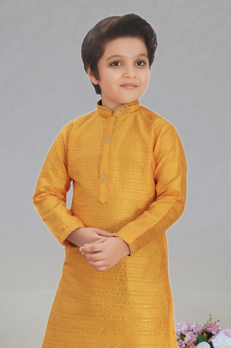 Yellow art silk woven kurta pajama for boy's