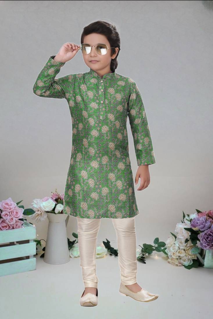 Green art silk printed kurta pajama for boy's