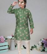 Green art silk printed kurta pajama for boy's