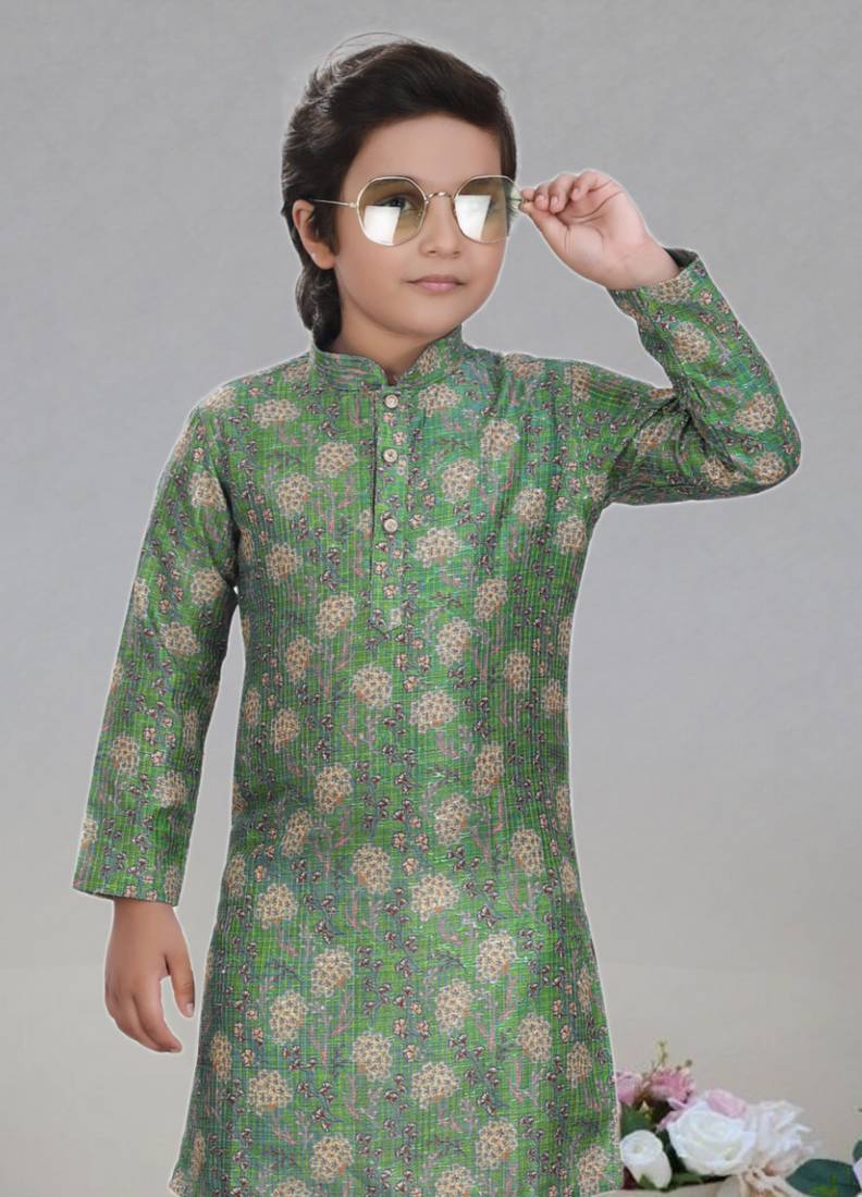 Green art silk printed kurta pajama for boy's