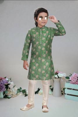 Green art silk printed kurta pajama for boy's 3
