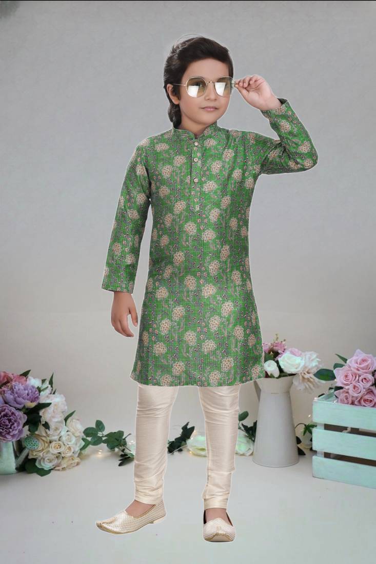 Green art silk printed kurta pajama for boy's
