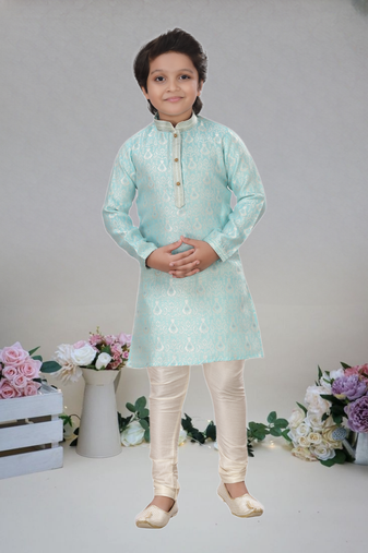 Turquoise art silk  woven kurta pajama for boy's